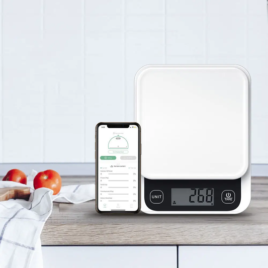 Bluetooth digital kitchen weighing scale with app support, smart food scale powered by AA batteries.