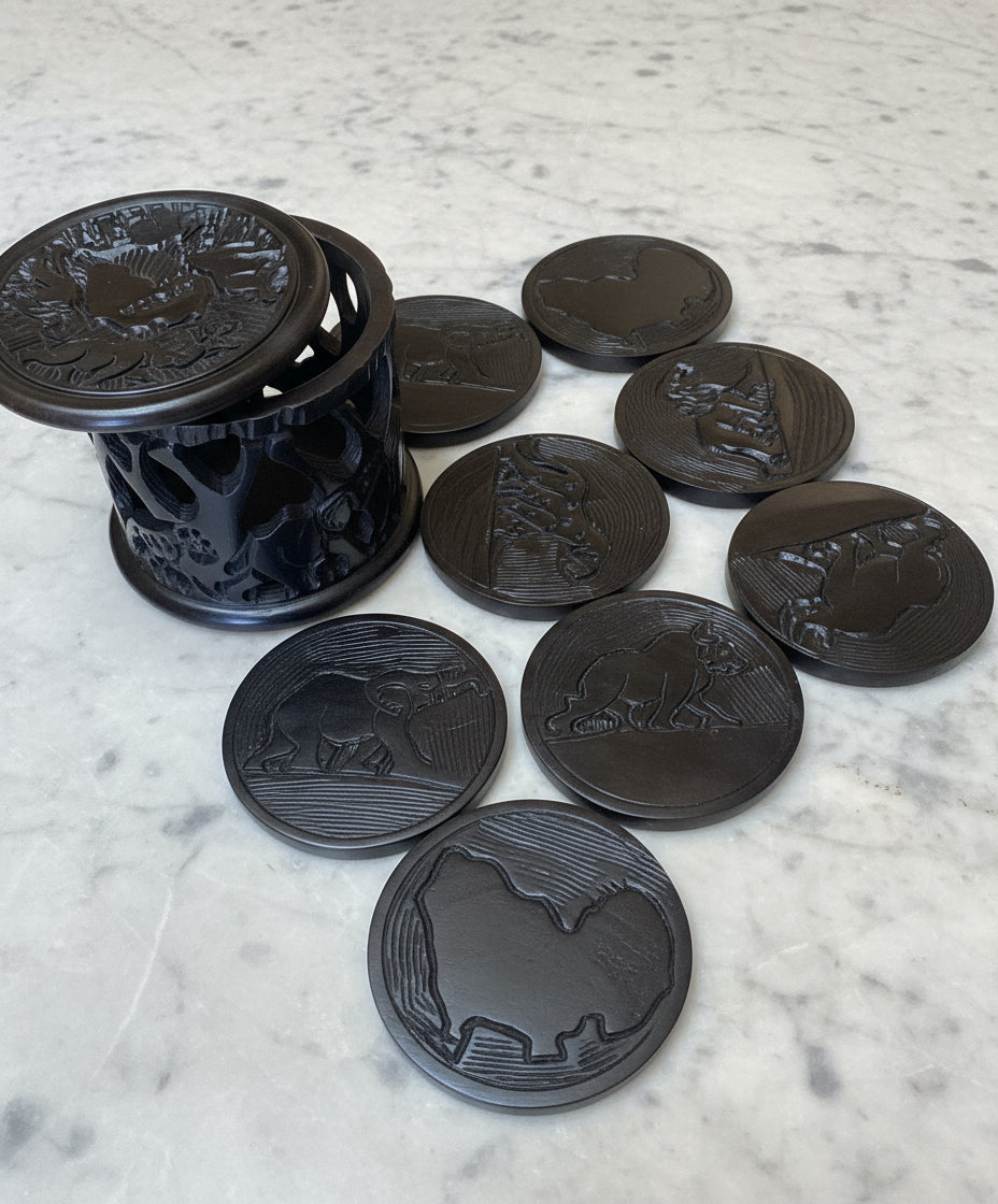Ebony Wood Coaster Set With Big Five And Africa Map Carvings with  Matching Lidded Container