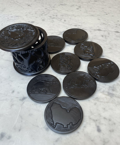 Ebony Wood Coaster Set With Big Five And Africa Map Carvings with  Matching Lidded Container