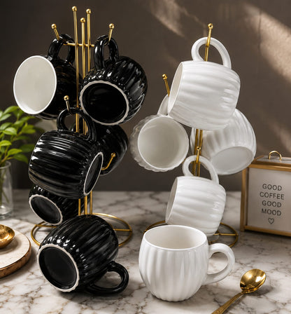 Set of six black and white porcelain ceramic mugs with 350ml capacity.