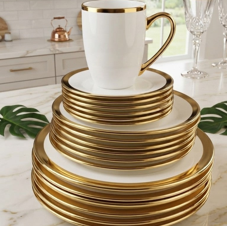 24 piece white ceramic dinner set with elegant gold rim, including six dinner plates, six side plates, six saucers, and six 300 ml cups.