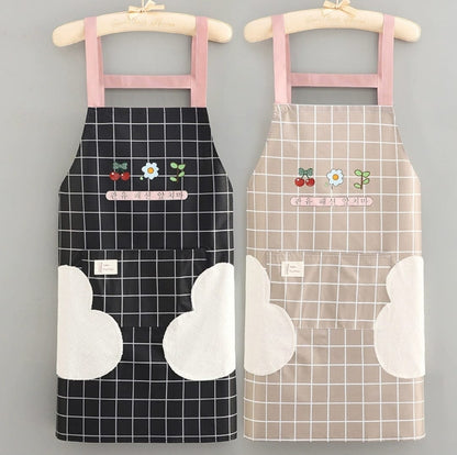 Waterproof checked floral kitchen apron with built-in hand wipe towel in black and beige