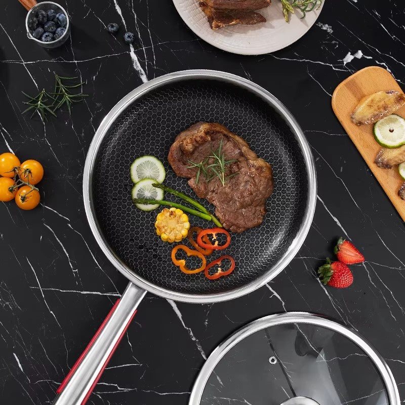 28cm non-stick honeycomb stainless steel frying pan with handle, oven and induction safe