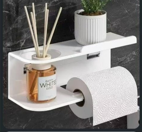 Wall-mounted toilet paper holder with top shelf for bathroom organization