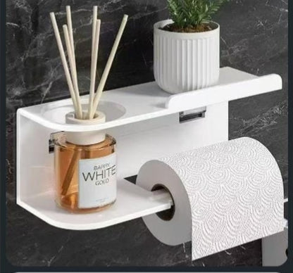 Wall-mounted toilet paper holder with top shelf for bathroom organization