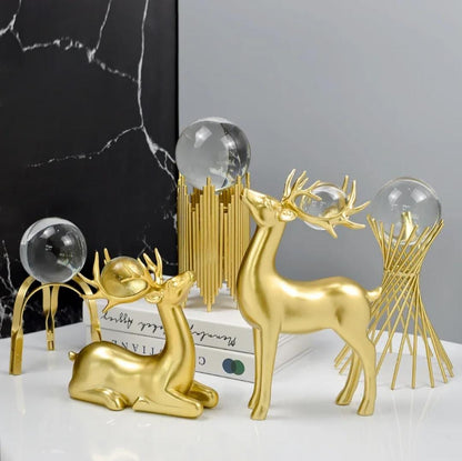 2Pc Golden Deer Resin Ornaments With Crystal Ball
