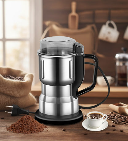 Compact household grain grinder with stainless steel blades and one-touch operation