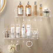 Clear acrylic storage shelf with hooks for kitchen, bathroom, bedroom, and office organization.