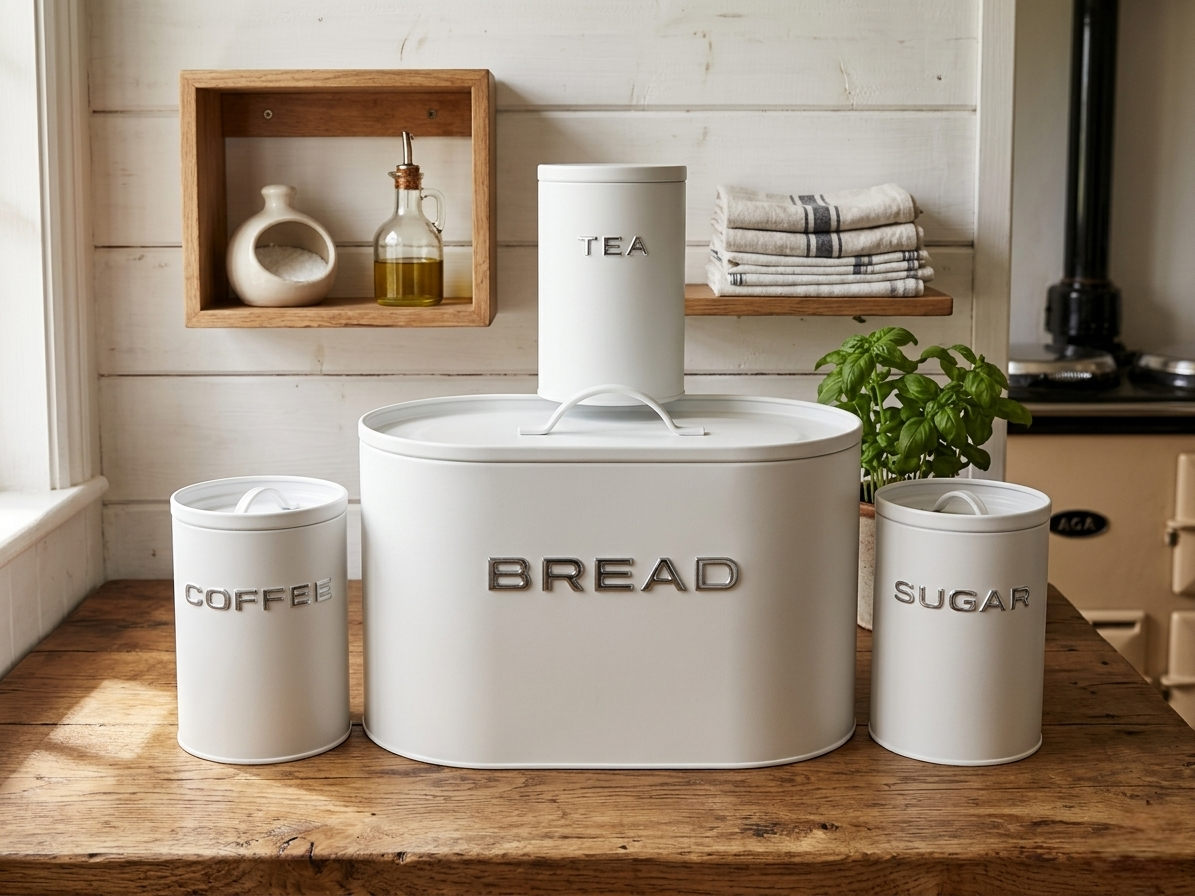 Elegant alloy bread storage bin with matching 3 piece kitchen canister set for organized countertop storage