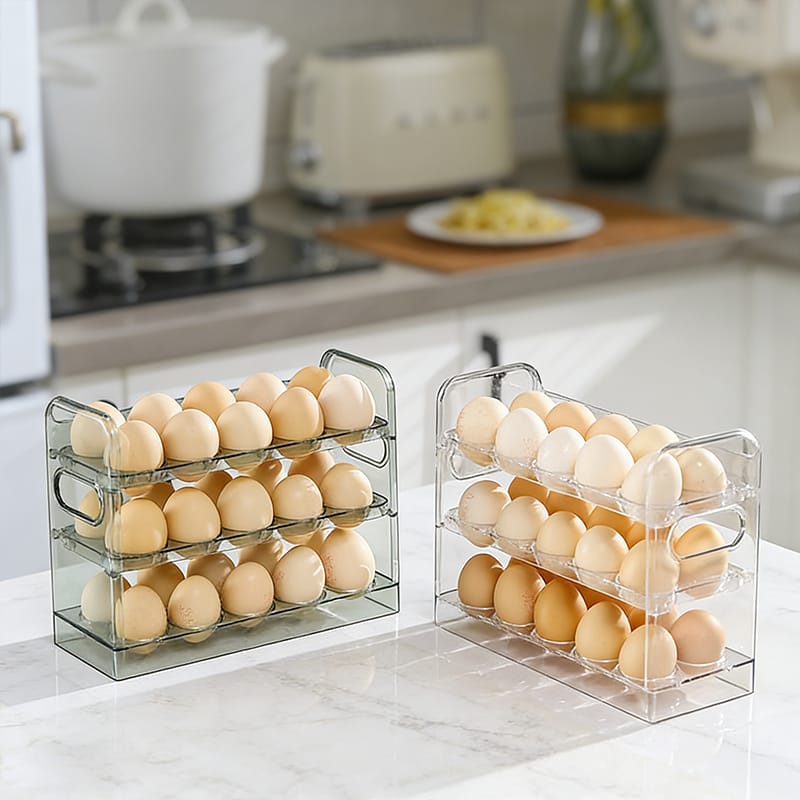 30 grid transparent acrylic egg storage box with handle available in green and clear.