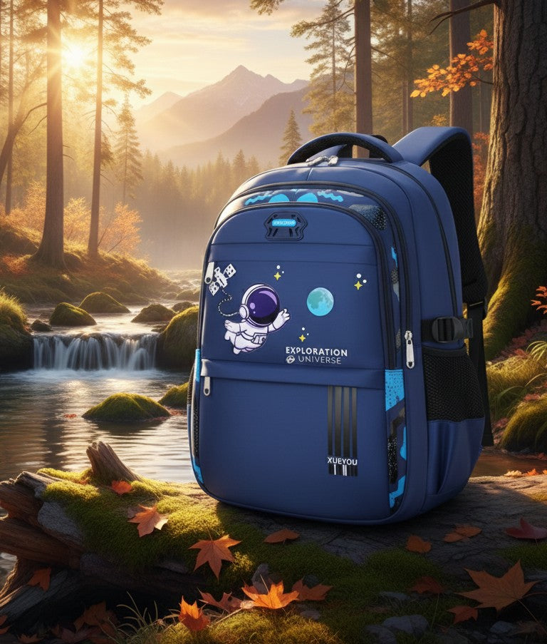 Blue waterproof children’s school bag with large compartments and padded straps