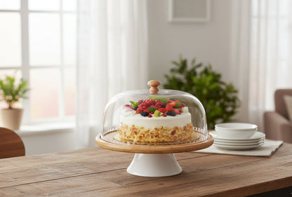 Bamboo Base Cake And Fruit Stand With Acrylic Dome