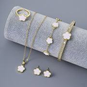 Five-piece floral ladies jewellery set including ring, earrings, bangle, necklace, and chain & bracelet in gift box with bag