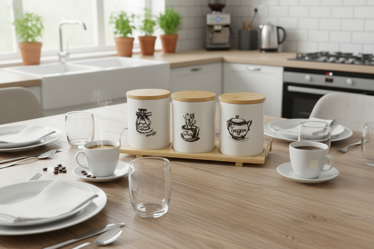 3pcs Ceramic Canisters Set With Bamboo Stand