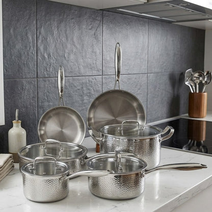 10pcs Tripply Stainless Steel Cookware Set Hammered Design