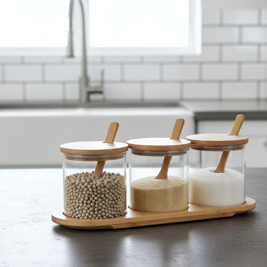 3-in-1 Glass Sugar Set With Bamboo Stand