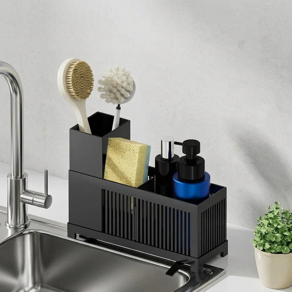 2-in-1 Black PP Plastic Kitchen Sink Caddy for Organising Sink-Side Cleaning Accessories available in Nairobi, Kenya