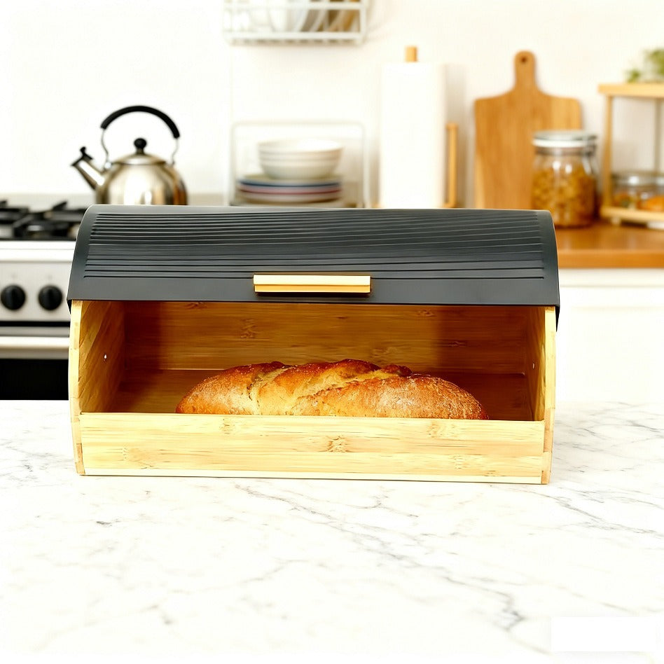 Bamboo Bread Box with Black Roll Top Lid