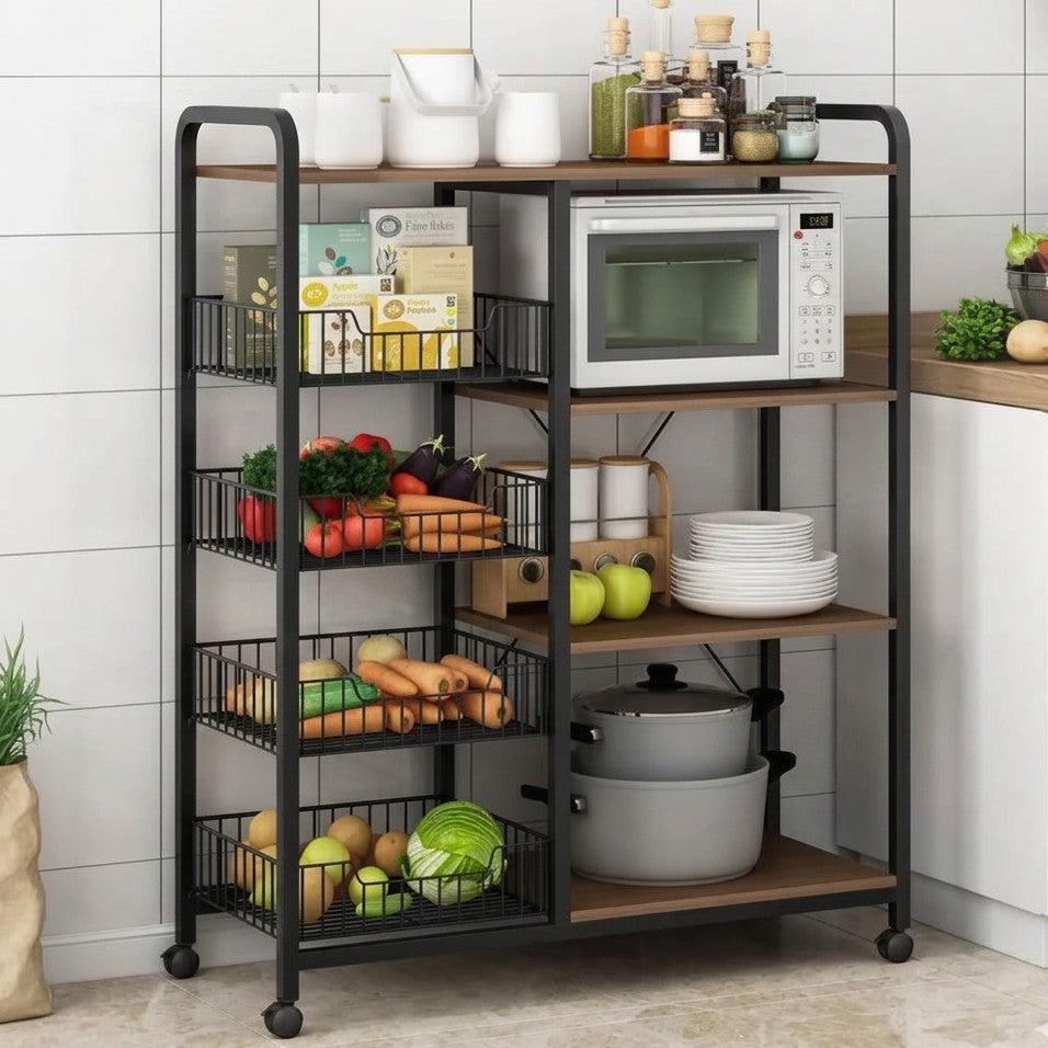 Multifunctional metallic kitchen rack with movable lockable wheels available in black and white. 