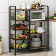 Multifunctional metallic kitchen rack with movable lockable wheels available in black and white. 