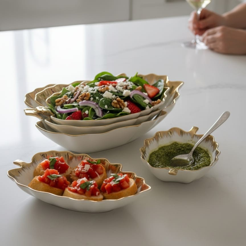 3pc Gold Detail Leaf Bowls