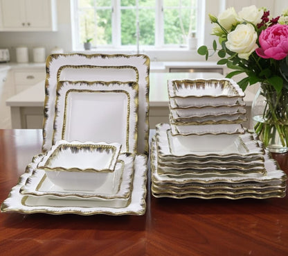 18 piece ceramic dinner set with white and gold square plates and bowls