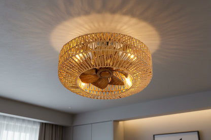 Eco-rustic woven ceiling fan light with 4 E27 bulbs and wooden finish blades for indoor use