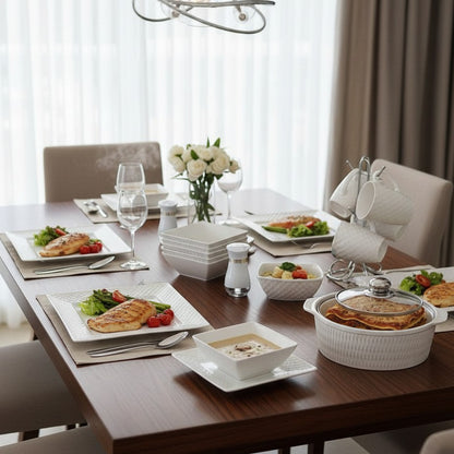 White square 28-piece ceramic dinner set with plates, bowls, cups, casseroles, and salt shaker