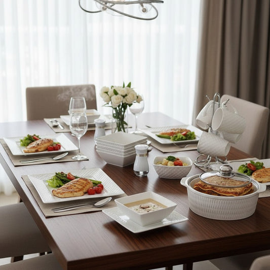 White square 28-piece ceramic dinner set with plates, bowls, cups, casseroles, and salt shaker