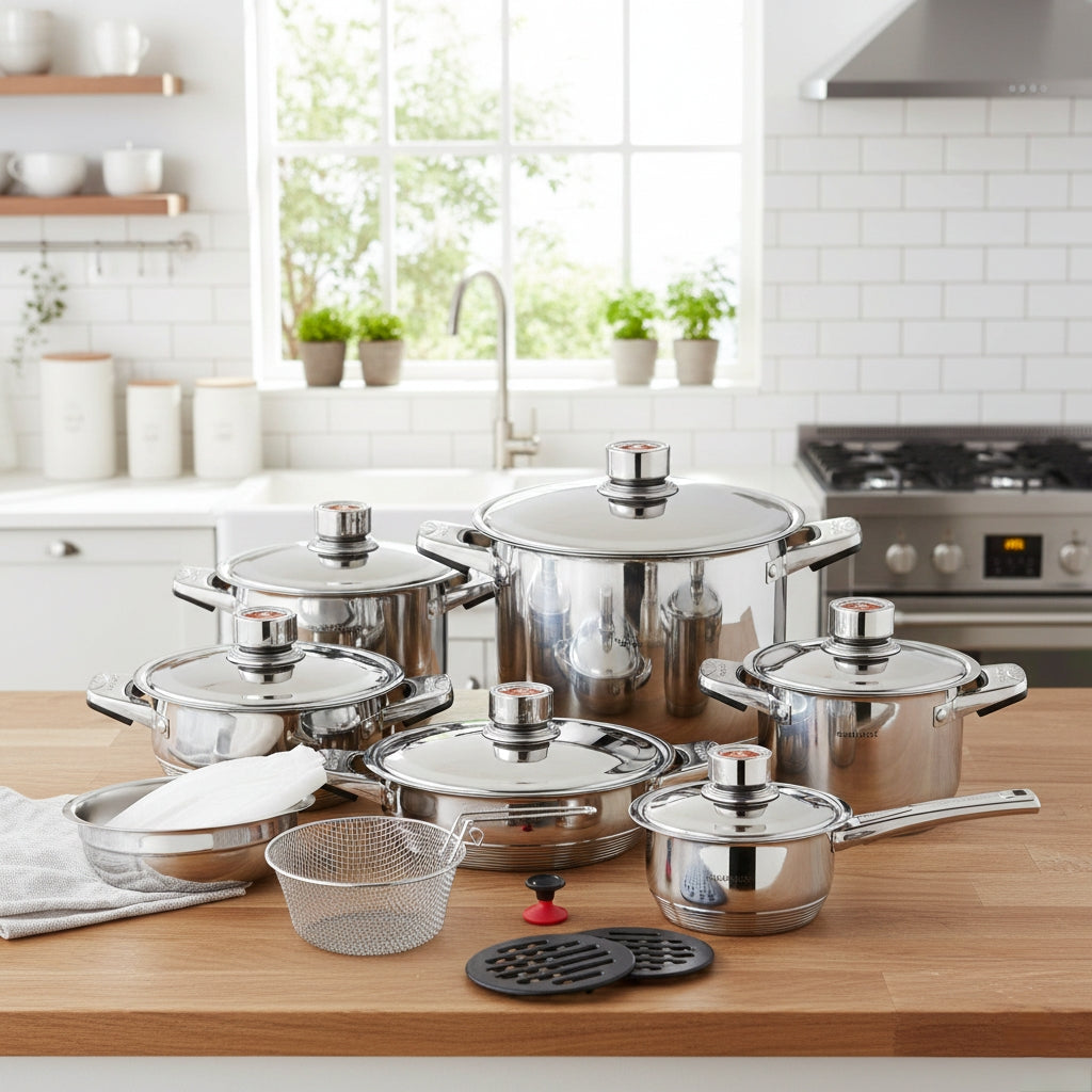 19-piece Stainless steel sufuria set including casseroles, pans, steamer, and accessories