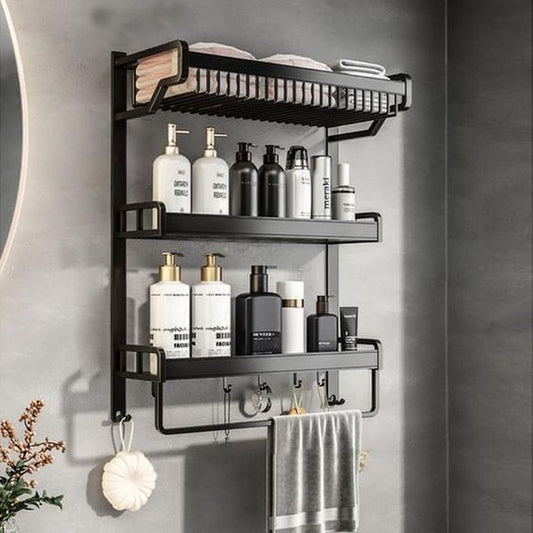 3 tier bathroom storage rack wall mounted with hooks and towel rail, organizer for toiletries and towels