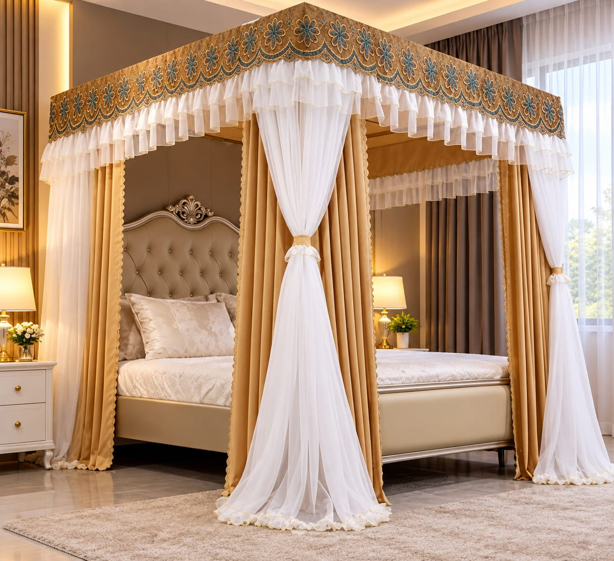 6 × 6 ft 4 stand canopy bed with decorative bed curtain for bedroom use.