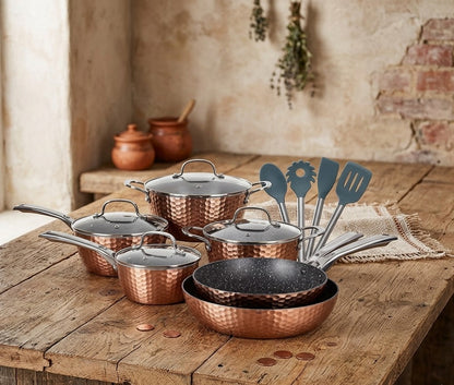 14-piece hammered nonstick cookware set with pots, pans, glass lids, and utensils, suitable for all stovetops and oven use. 