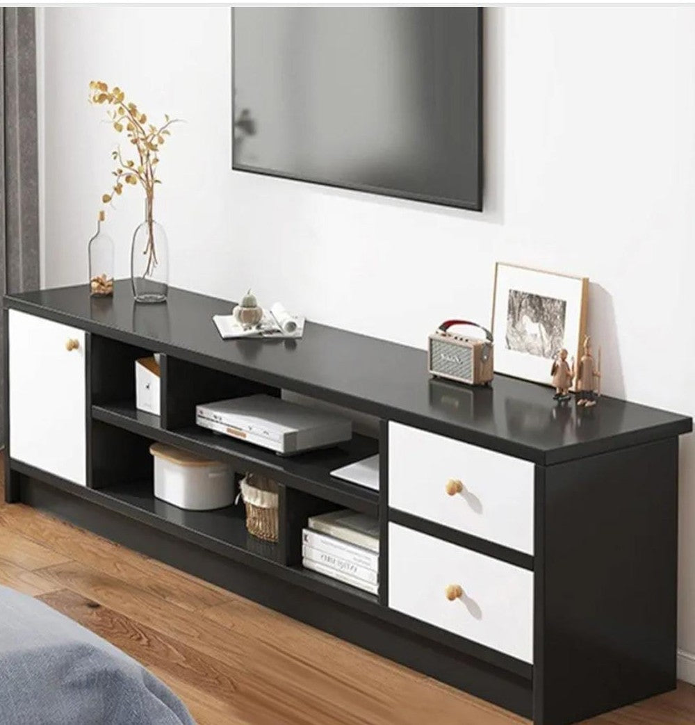 Mini TV cabinet and multifunctional TV stand with storage organizer in white and yellow oak finish