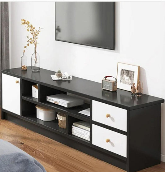 Mini TV cabinet and multifunctional TV stand with storage organizer in white and yellow oak finish