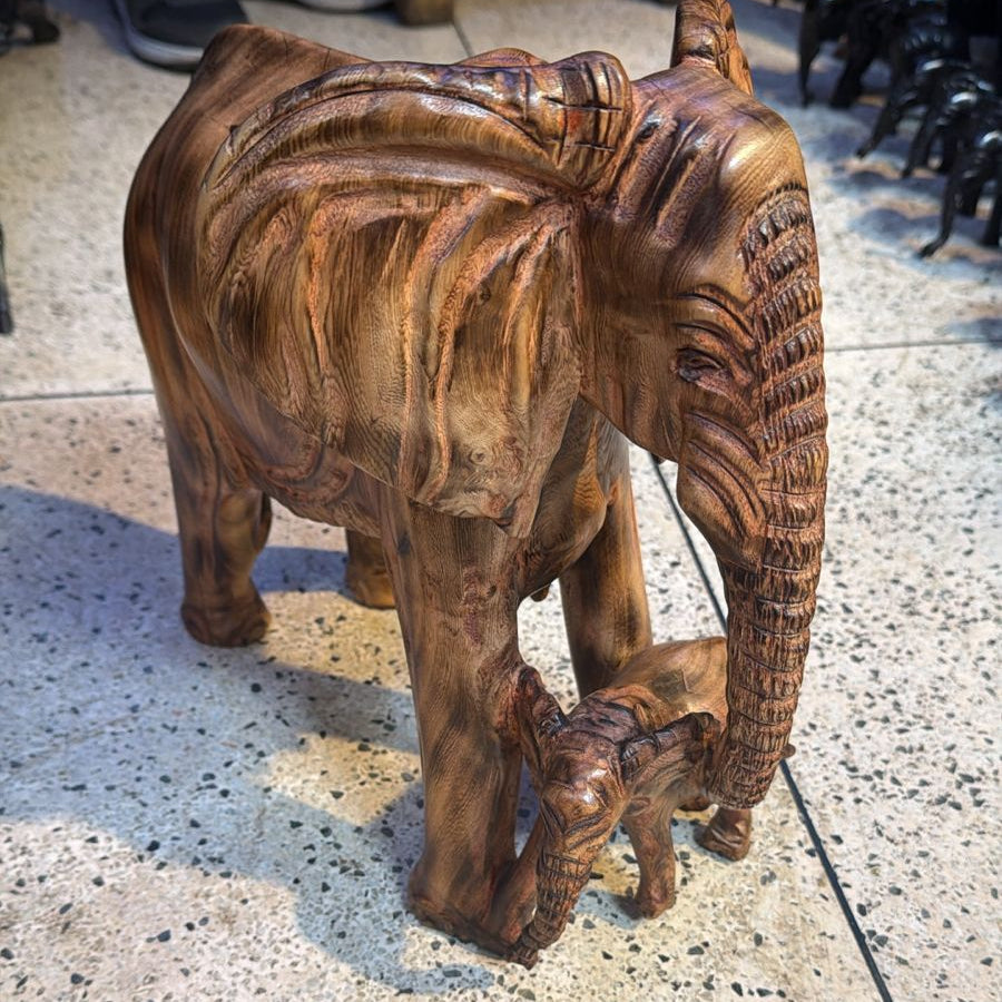 32 cm Wooden Elephant and Calf Carving