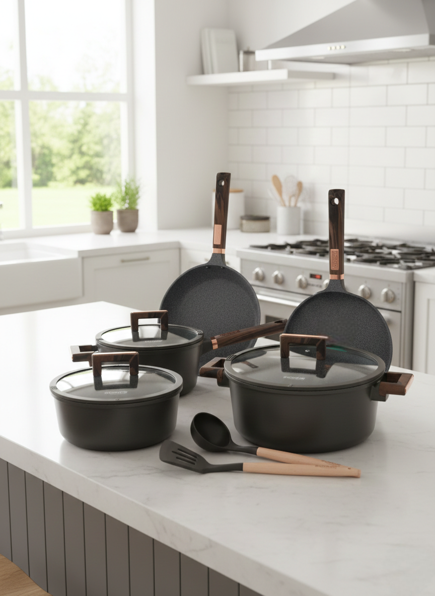 13-piece Granite non-stick cookware set including casserole pots, saucepan, pizza pan, square frying pan, pot protectors, and silicone utensils.