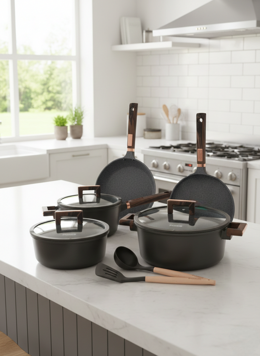 13-piece Granite non-stick cookware set including casserole pots, saucepan, pizza pan, square frying pan, pot protectors, and silicone utensils.