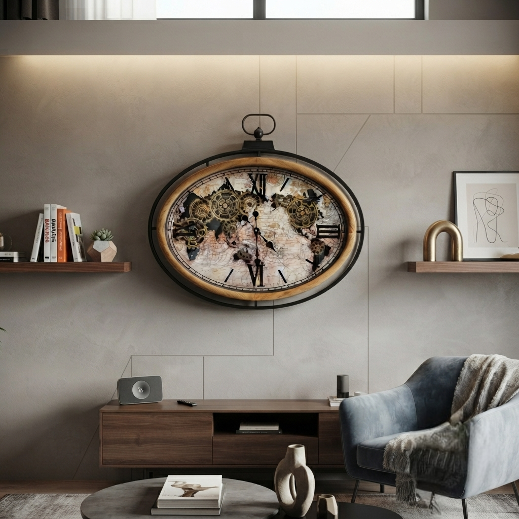 Atlas Columbus Oval Metal Wood Moving Gears Wall Clock