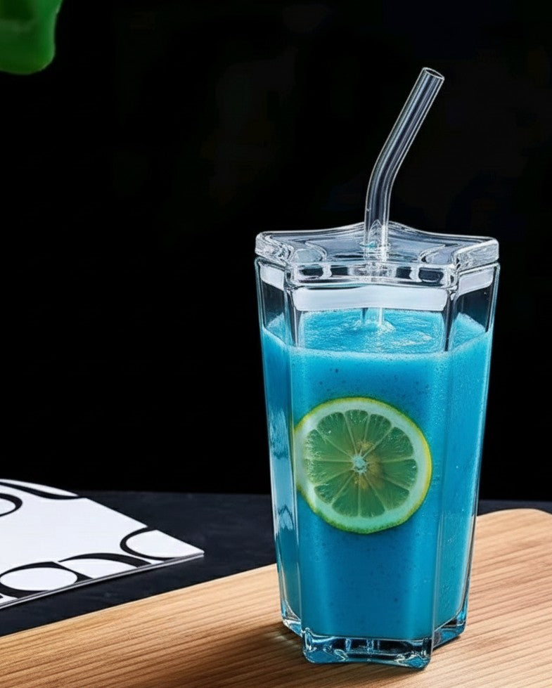 Heavy Duty Pentagonal Glass Tumbler with Straw