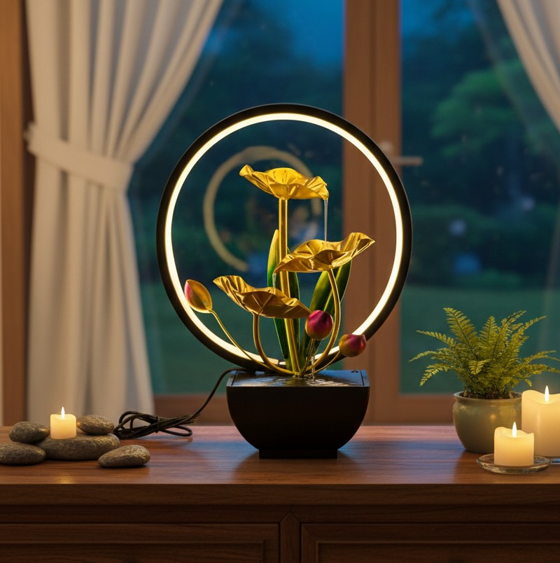 LED tabletop water fountain lamp with flowing water and ring lights