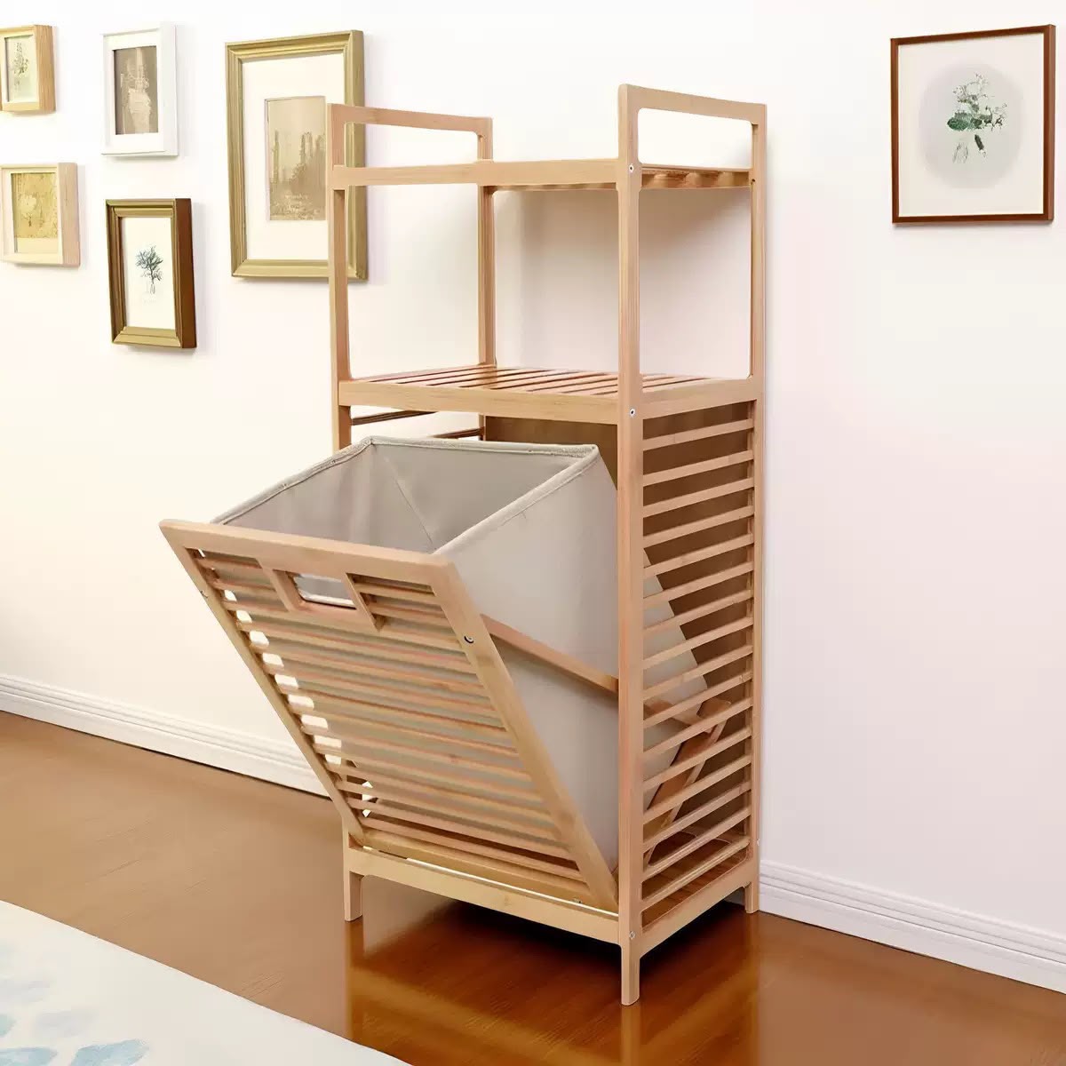 95 × 40 × 31 cm bamboo laundry hamper with tilt out basket, removable fabric liner and storage shelves - available in Nairobi, Kenya