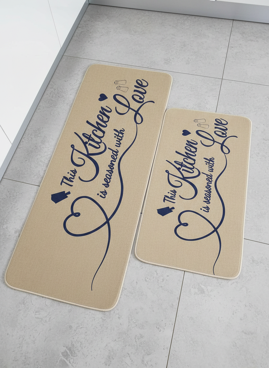 Two-piece kitchen mat set with super non-slip rubber underside in sizes 120x45cm and 80x45cm.