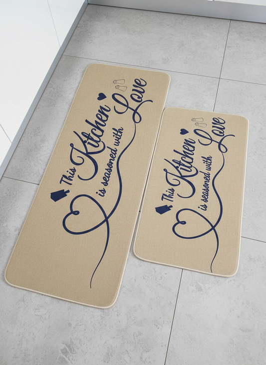Two-piece kitchen mat set with super non-slip rubber underside in sizes 120x45cm and 80x45cm.