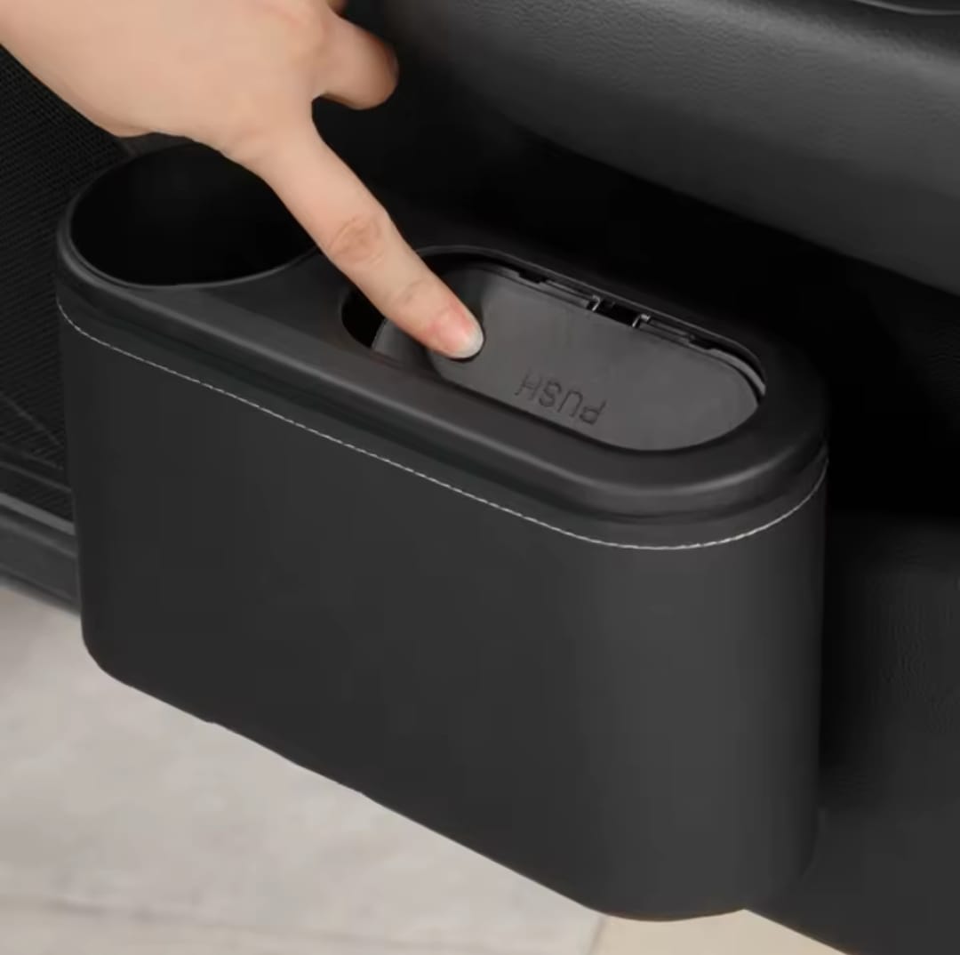 Gemelli Collections 2-in-1 multipurpose car trash bin with push-to-open lid and side door storage organizer