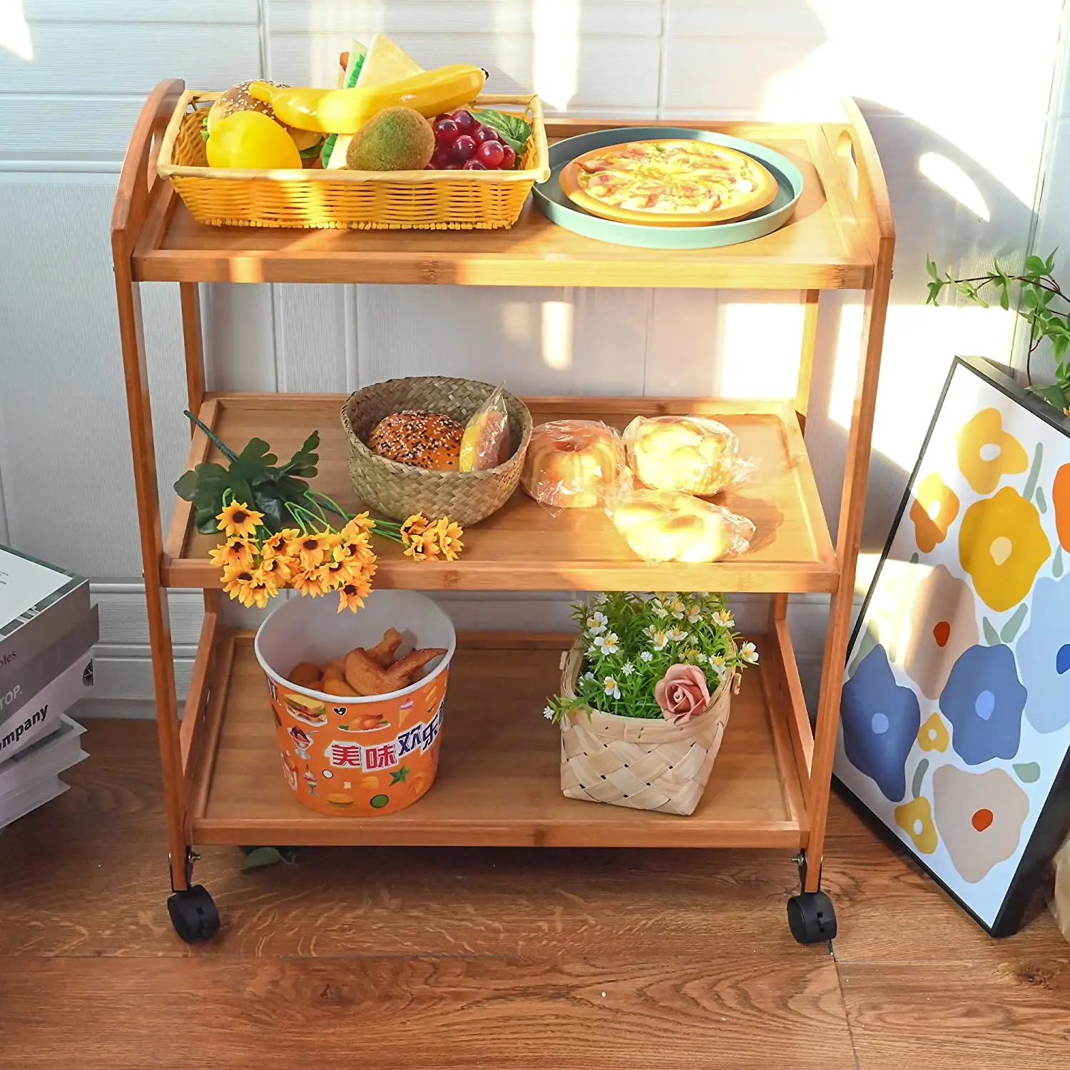 Bamboo 3 Tier Rolling Utility Cart