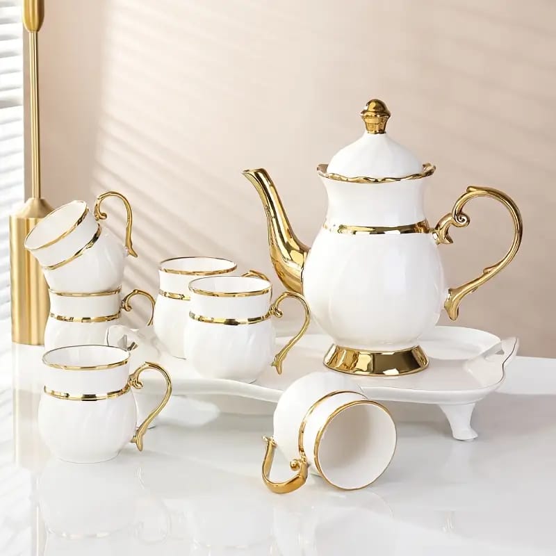 8 Piece Ceramic Tea Set With Golden Rim