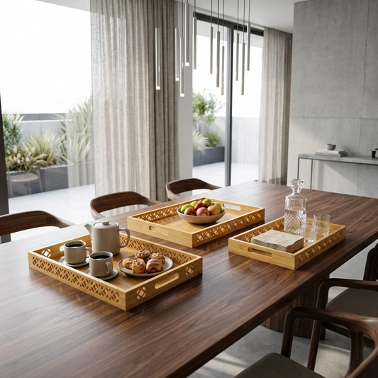 3 in 1 Multi-functional bamboo tray set for serving, organizing, and home décor use