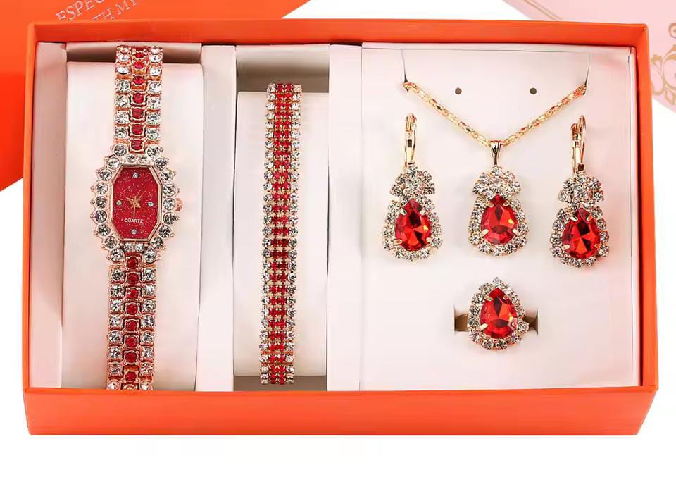 Five piece ladies watch gift set with matching bracelet, necklace, ring, and earrings in a gift package