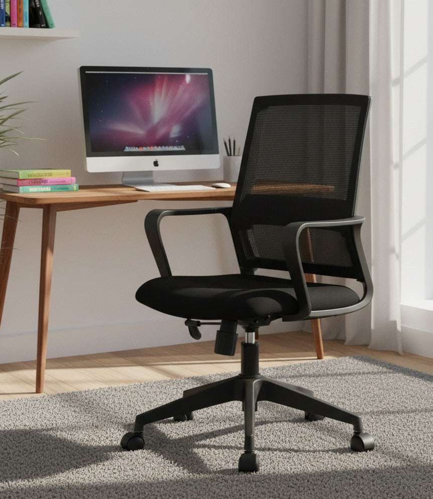 Medium back office chair with padded seat and ergonomic support.